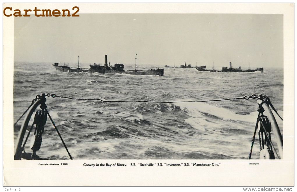 CARTE PHOTO : CONVOY IN THE BAY OF BISCAY - S.S. STEELVILLE INVERNESS MANCHESTER CITY - BATEAU GUERRE BOAT WAR MARINE - Guerra 1914-18