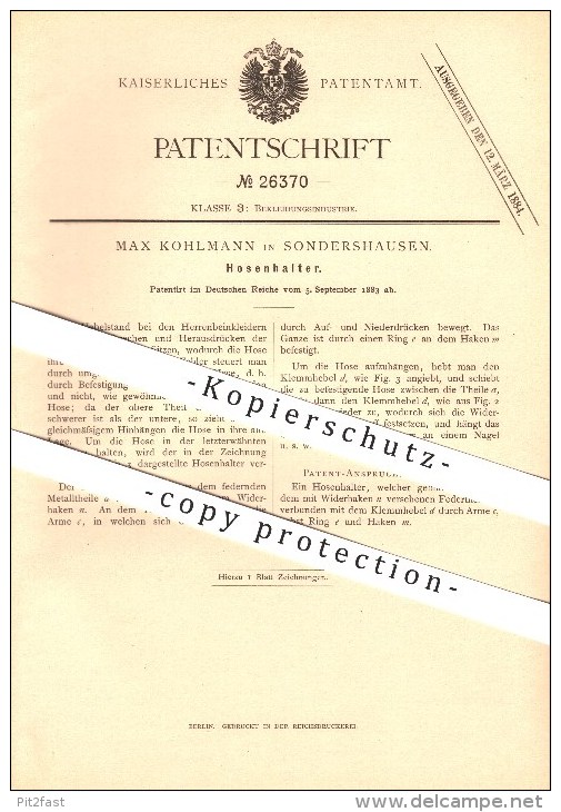 Original Patent - Max Kohlmann In Sondershausen , 1883 , Hosenhalter , Hosenträger , Bekleidung , Mode !!! - Sondershausen
