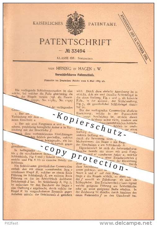 Original Patent - Von Heising In Hagen I.W. , 1885 , Verschließbares Fallenschloss , Schlosserei , Türschloss !!! - Hagen