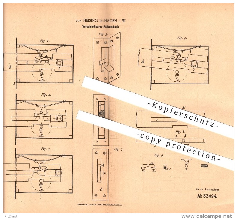 Original Patent - Von Heising In Hagen I.W. , 1885 , Verschließbares Fallenschloss , Schlosserei , Türschloss !!! - Hagen