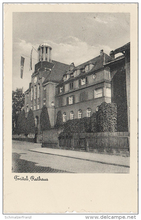 AK Lutherstrasse Rathaus Freital Döhlen Mit NS Flagge Bei Deuben Potschappel Hainsberg Zauckerode Weissig Stempel - Freital