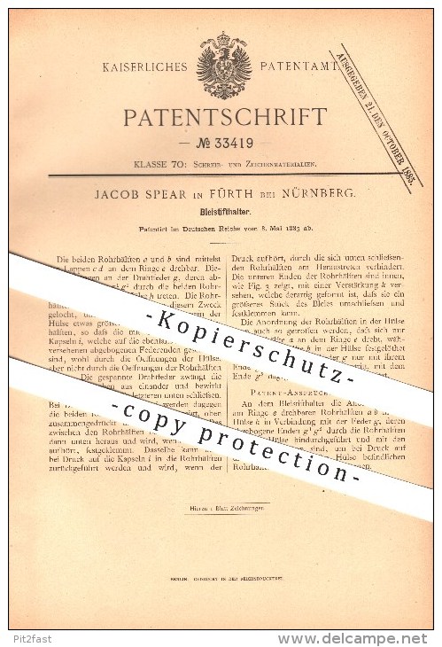 Original Patent - Jacob Spear In Fürth Bei Nürnberg , 1885 , Bleistifthalter , Schreibmaterialien , Zeichnen !!! - Schreibgerät