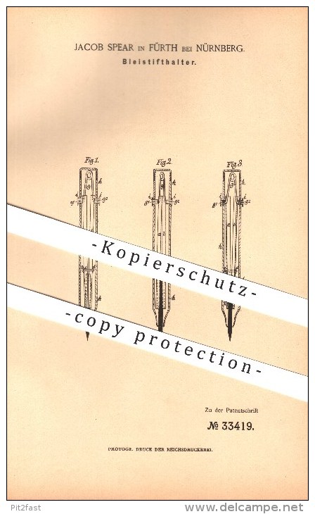 Original Patent - Jacob Spear In Fürth Bei Nürnberg , 1885 , Bleistifthalter , Schreibmaterialien , Zeichnen !!! - Schreibgerät