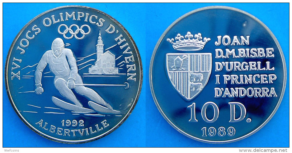 ANDORRA 10 D 1989 ARGENTO PROOF ALBERTVILLE SKY 1992 INVERNALI GIOCHI PESO 12g TITOLO 0,925 CONSERVAZIONE FONDO SPECCHIO - Andorra