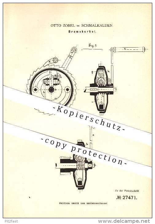 Original Patent - Otto Zobel In Schmalkalden , 1883 , Bremskurbel , Bremsen , Fahrzeuge !!! - Schmalkalden