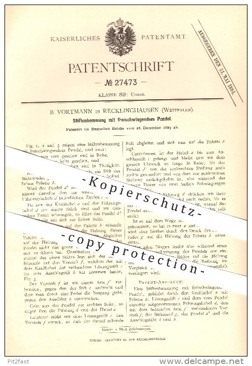 Original Patent - B. Vortmann In Recklinghausen , 1883 , Stiftenhemmung Mit Freischwingendem Pendel , Uhren !!! - Recklinghausen