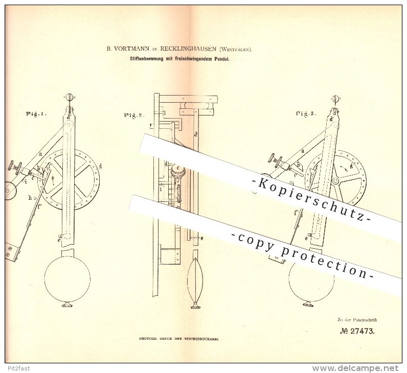 Original Patent - B. Vortmann In Recklinghausen , 1883 , Stiftenhemmung Mit Freischwingendem Pendel , Uhren !!! - Recklinghausen