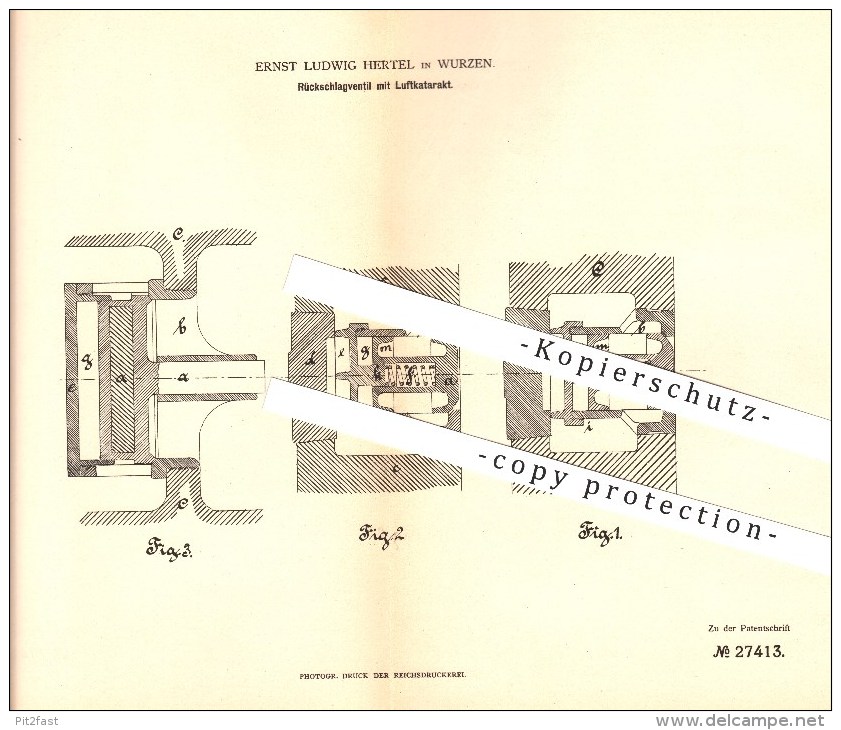 Original Patent - Ernst Ludwig Hertel In Wurzen , 1883 , Rückschlagventil Mit Luftkatarakt. , Ventile !!! - Wurzen