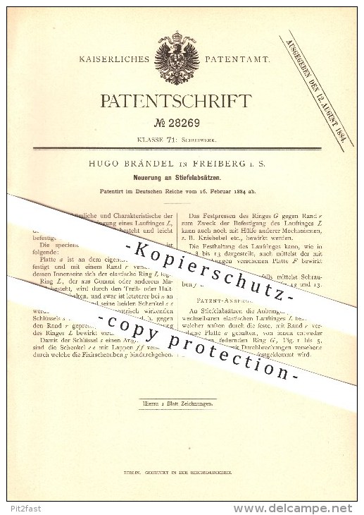 Original Patent - Hugo Brändel In Freiberg I.S. , 1884 , Neuerung An Stiefelabsätzen , Stiefel , Schuhe , Schuster !!! - Freiberg (Sachsen)