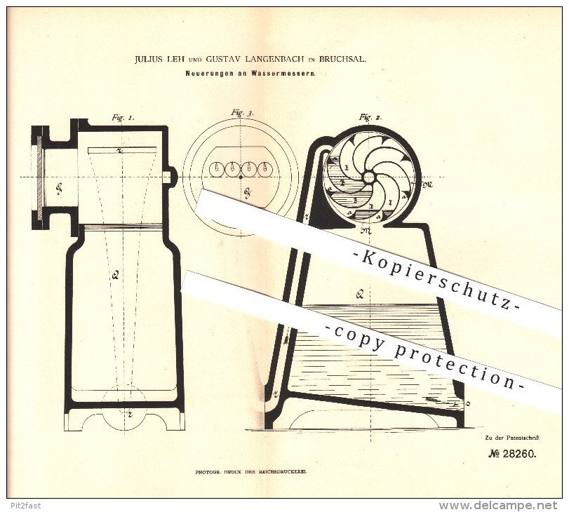 Original Patent - Julius Leh & Gustav Langenbach In Bruchsal , 1884 , Neuerungen An Wassermesser , Flüssigkeiten !!! - Bruchsal