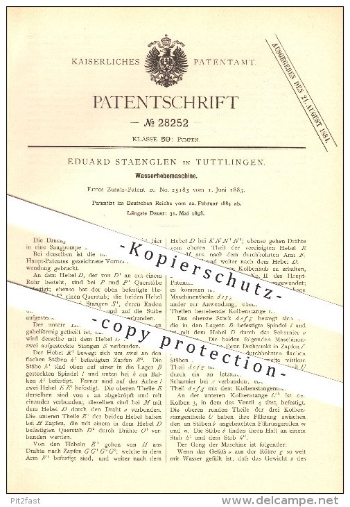 Original Patent - Eduard Staenglen In Tuttlingen , 1884 , Wasserhebemaschine , Pumpen , Wasserhebewerk !!! - Tuttlingen