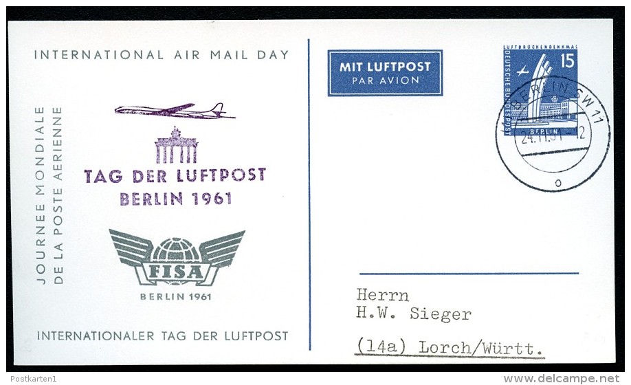 BERLIN PP19 C2/001var Privat-Postkarte NICHT KATALOGISIERT Tag Der Luftpost 1961 - Postales Privados - Usados