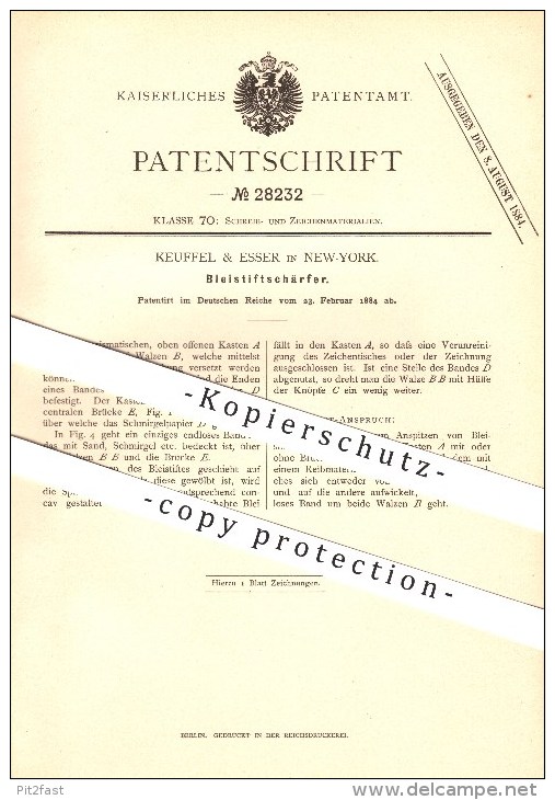 Original Patent - Keuffel & Esser In New York , 1884 , Bleistiftschärfer , Bleistift , Schreibmaterialien , Zeichnen !!! - Schreibgerät