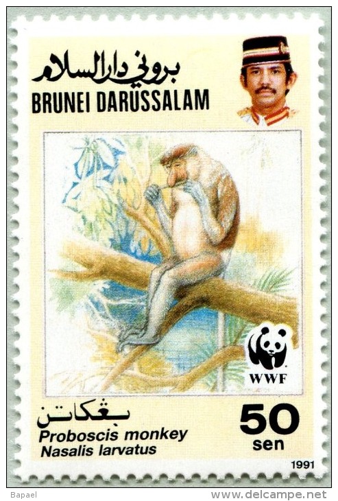 N° Yvert&Tellier 433 - WWF - Timbre De Brunéi Darussalam (Neuf - **) - (1991) - Monkey Sitting On A Branch - Brunei (1984-...)