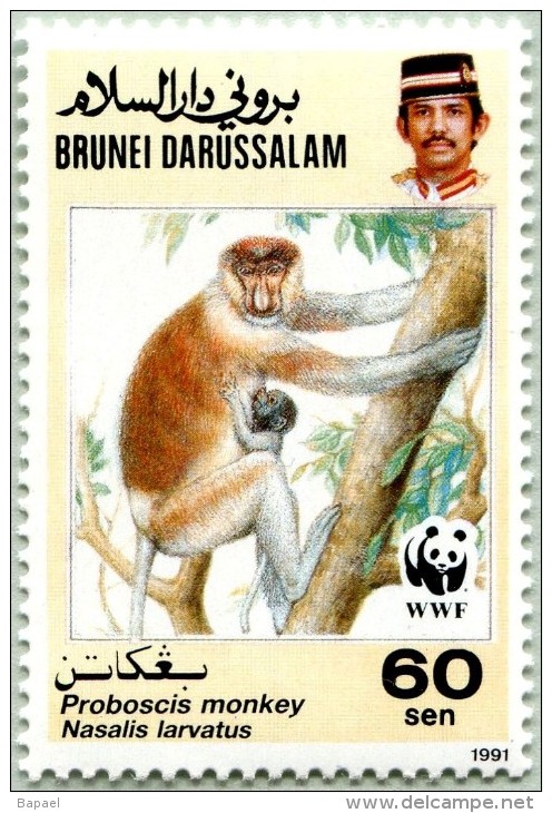 N° Yvert&Tellier 434 - WWF - Timbre De Brunéi Darussalam (Neuf - **) - (1991) - Monkey Adult With Young - Brunei (1984-...)