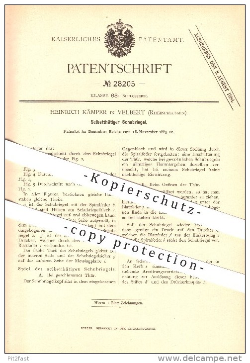 Original Patent - Heinrich Kämper In Velbert , Rheinpreussen , 1883 , Selbsttätiger Schubriegel , Schlosser , Tür !!! - Velbert