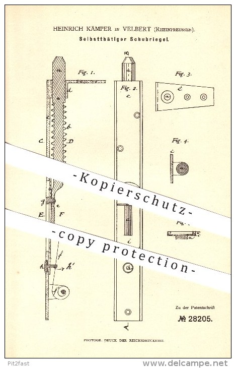 Original Patent - Heinrich Kämper In Velbert , Rheinpreussen , 1883 , Selbsttätiger Schubriegel , Schlosser , Tür !!! - Velbert