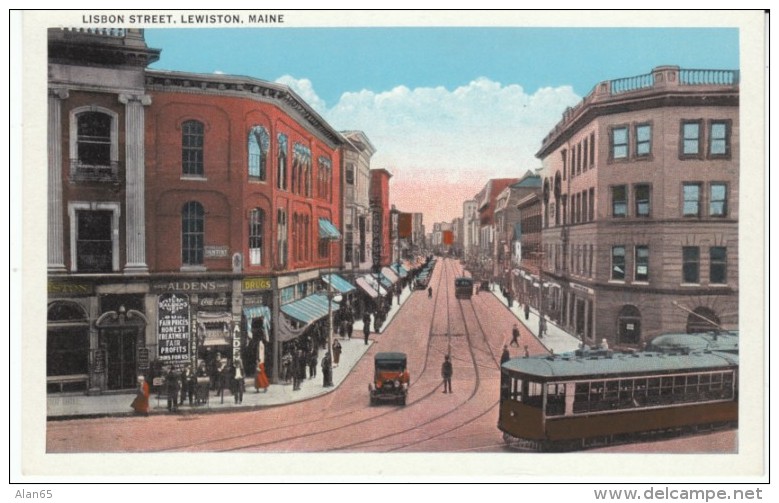 Lewiston Maine, Lisbon Street Scene, Street Car Business District C1910s/20s Vintage Postcard - Lewiston