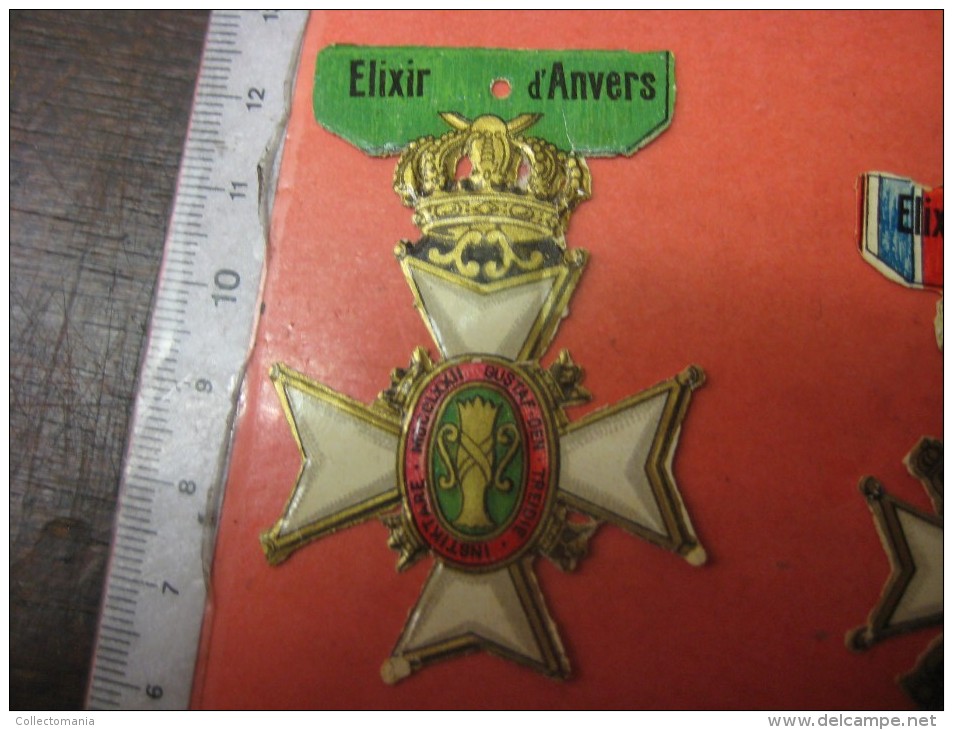 Elixir d'Anvers, PUB , 20 chromos nouveautes, MEDAILLES  DECORATIONS PAPER c1900  Ribbons  Numbered on backside