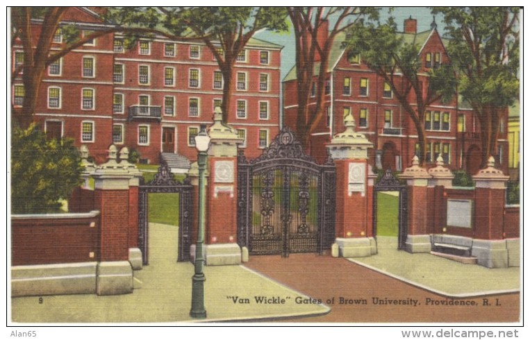 Providence Rhode Island, Van Wickle Gates Brown University Campus, C1930s/40s Vintage Linen Postcard - Providence