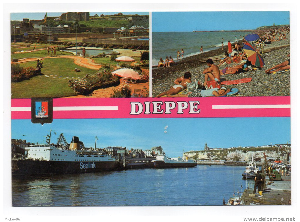 DIEPPE--1984--Multivues (mini-golf,plage,port Avec Ferries-Sealink-)--blason--cpm éd Mage - Dieppe