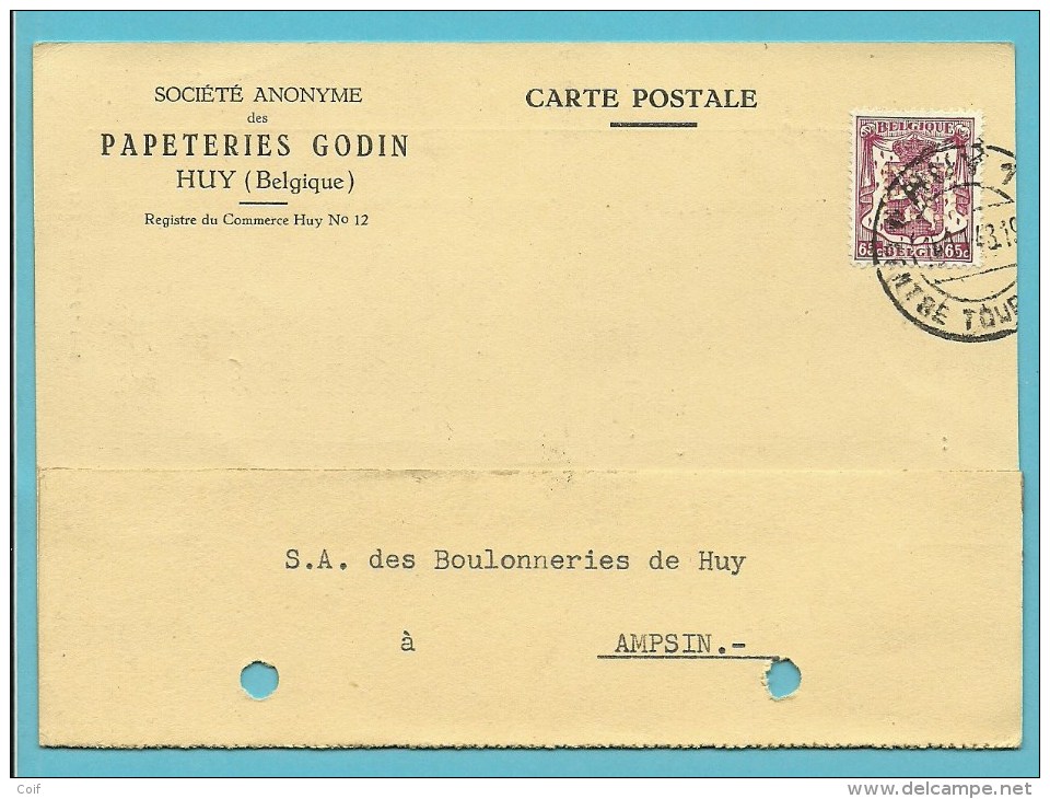 711 Op Kaart Met Firmaperforatie " P.G." Van PAPETERIES GODIN Te HUY - 1934-51