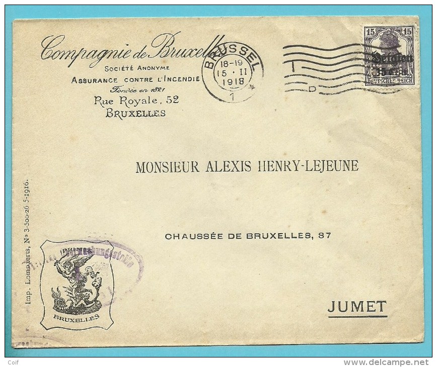 BZ 16 Op Brief Met Stempel BRUSSEL, Firmaperforatie (perfin) " P.B. " Van Compagnie De Bruxelles - 1909-34