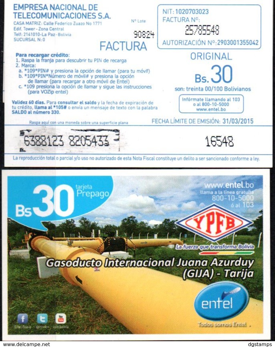 Bolivia 2014 - 31-03-2015 Tarjeta Prepago ENTEL. Gasoducto. Numeros Grandes - Petrole