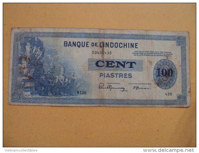French Indochine Indochina Vietnam Viet Nam Laos Cambodia 100 Piastres VF Banknote Note 1945 - Pick #78 / 02 Photos - Indochine
