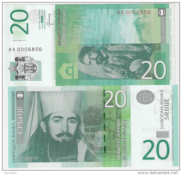 SERBIA 20  DINARA 2013. UNC  AA Prefix  LOW SERIAL NUMBER - Serbia