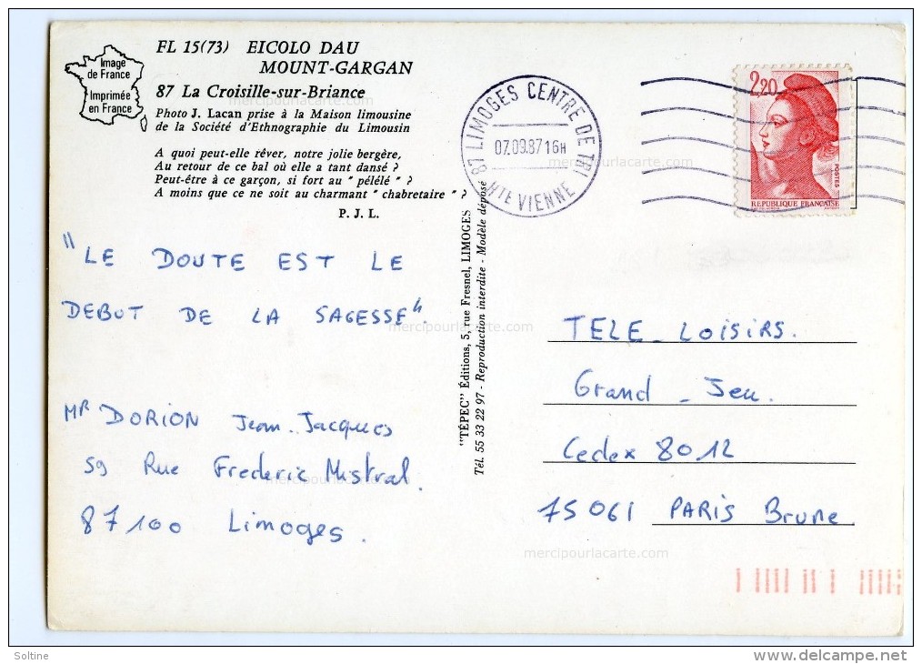 Cp Folklore Limousin : Eicola Dau Mount-Gargan - La Croisille-sur-Briance - écrite 1987 (pour Jeux) - Autres & Non Classés