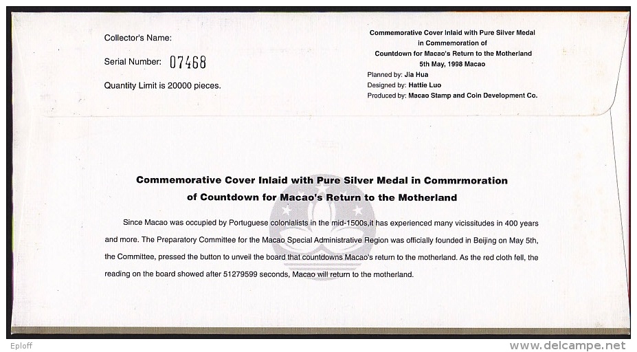 MACAO MACAU - 1 Enveloppe Tirage Limité-Commémoration Compte à Rebours Avec Incrustation De Médaille D'argent. MNH - Entiers Postaux