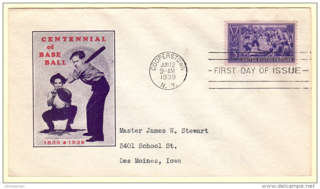 USA SC #855 FDC  1939 Centennial Of Baseball (06-12-1939) - 1851-1940