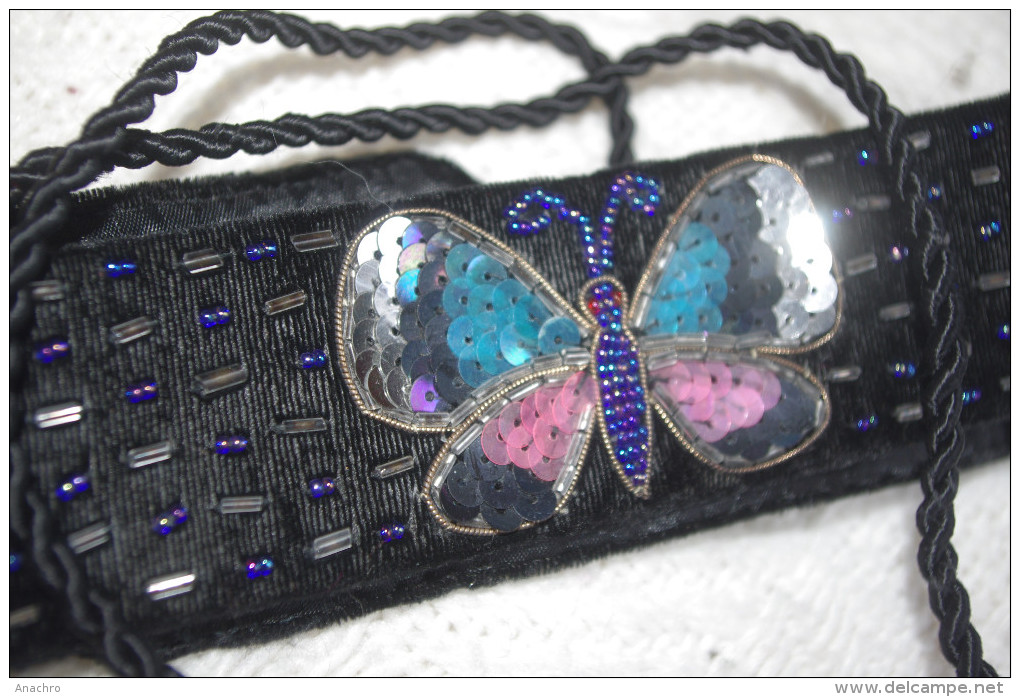 CEINTURE BRODEE VELOURS NOIR PERLES Et PAILLETTES PAPILLON SATIN - Ceintures & Boucles