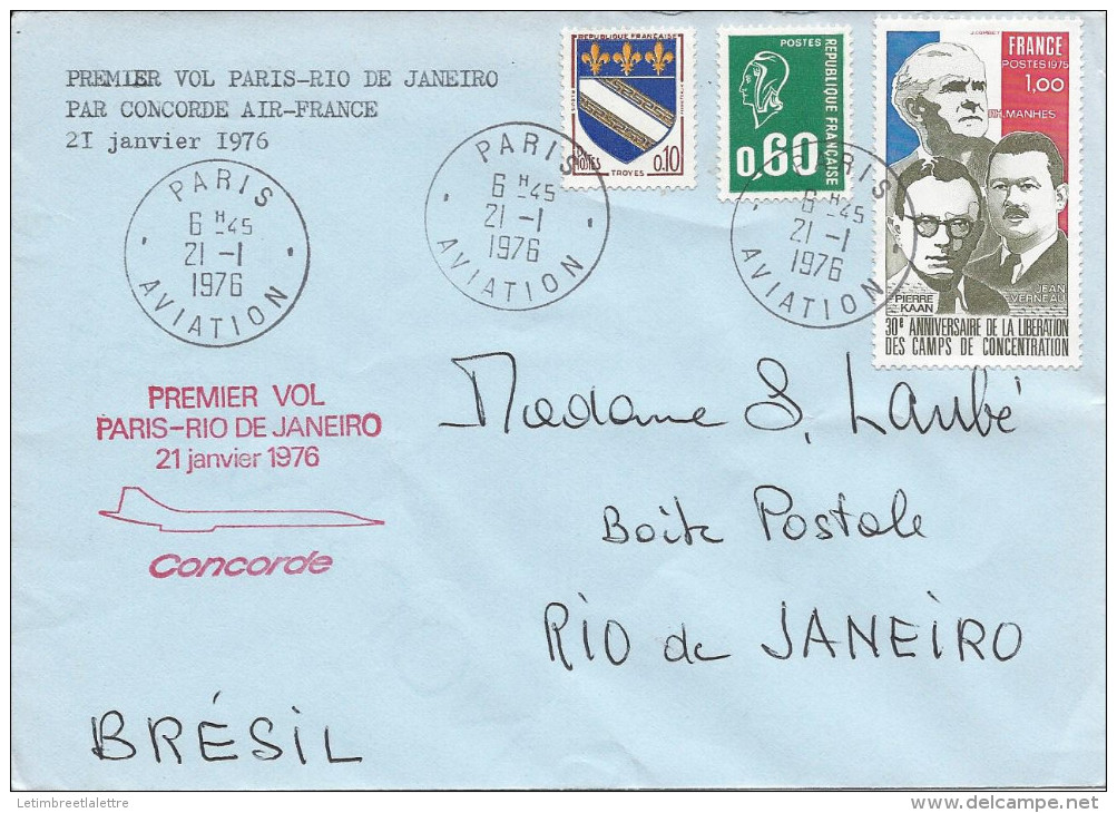 Premier Vol Paris - Rio De Janeiro Le 21 Janvier 1976 Par Concorde - 1960-.... Lettres & Documents