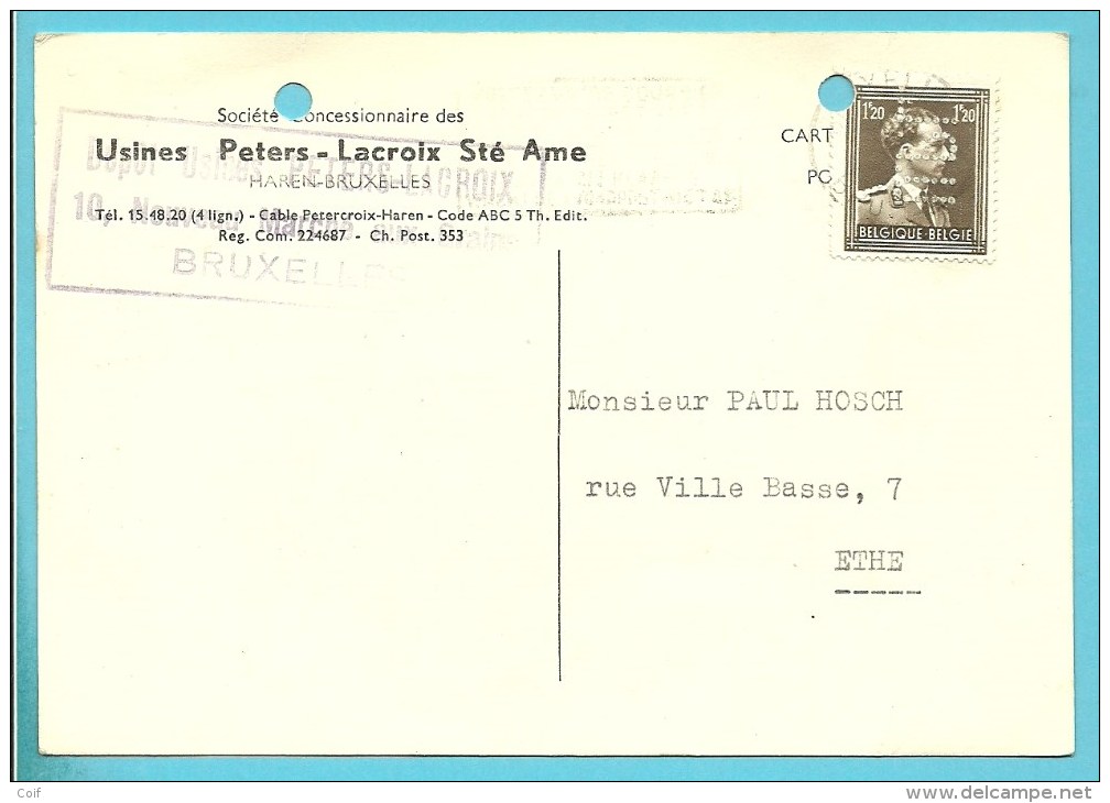 845 Op Kaart Met Firmaperforatie (perfin) "U.P.L." Van Usines Peters-Lacroix" Te Bruxelles - 1951-..