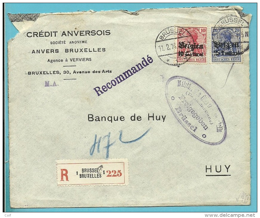 BZ3+4 Op Brief Aangetekend Met Stempel BRUSSEL, Firmaperforatie (perfin) "C.A." Van Credit Anversois, Naar HUY + Gepruft - 1909-34