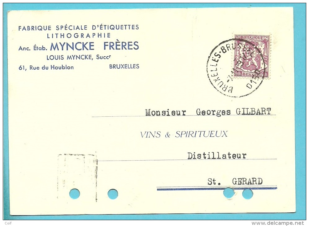 479+ Fiscalezegel Op Kaart Met Stempel BRUSSEL, Firmaperforatie (perfin) "M.F." Fabrique D'etiquettes Lithogaphie MYNCKE - 1934-51