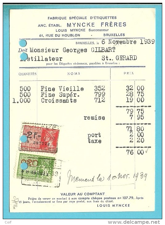 479+ Fiscalezegel Op Kaart Met Stempel BRUSSEL, Firmaperforatie (perfin) "M.F." Fabrique D'etiquettes Lithogaphie MYNCKE - 1934-51