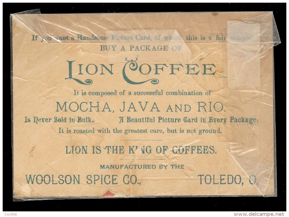 CARTE PUBLICITAIRE LION COFFEE MOCHA JAVA AND RIO WOOLSON SPICE CO . TOLEDO, O - Toledo