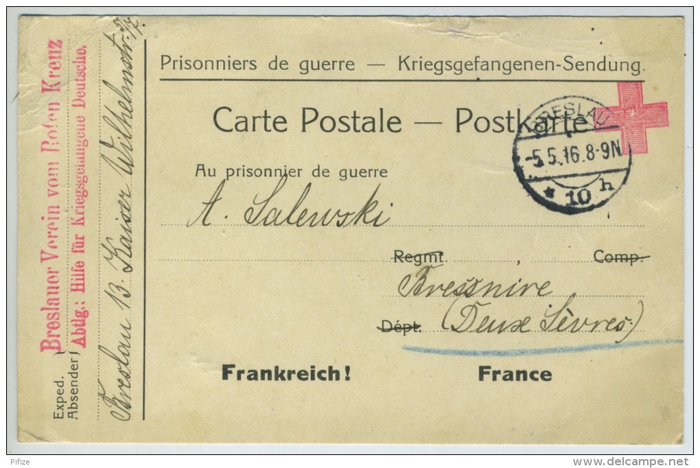 Cachet Croix-Rouge De Breslau / CP Pour Prisonnier De Guerre Au Camp De Bressuire. - Oorlog 1914-18