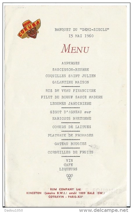 MENU  Du 15 Mai 1960 Banquet Du Demi Siecle 43 - Menükarten