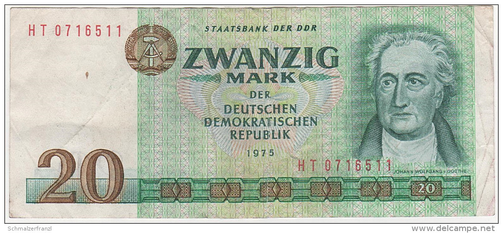 Banknote Geldschein DDR Staatsbank 20 Mark 1975 HT 0716511 7 - Stellig Ro. 362 Billet GDR - 20 Mark