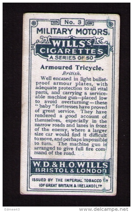 Petite Image (trade Card) Wills´s Cigarettes, « Military Motors », N°3, Tricycle Blindé, Grande-Bretagne - Documents