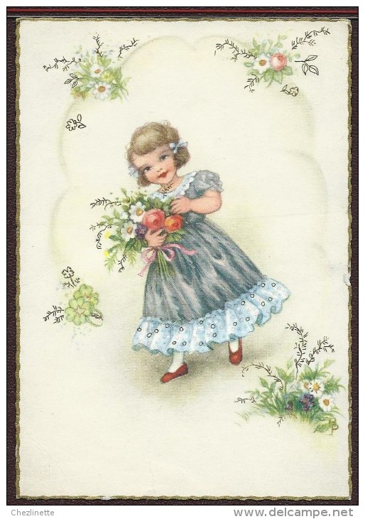 ILLUSTRATION HANNES PETERSEN / ENFANT JOLIE PETITE FILLE ELEGANTE PORTANT UN BOUQUET DE FLEURS / - Petersen, Hannes