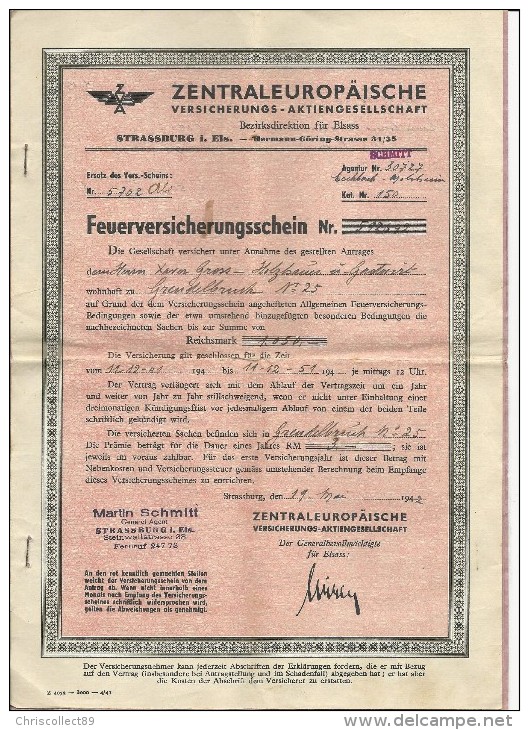 Action Allemande : Zentraleuropaische Versicherungs Aktiengesellschaft - Feuerversicherungsschein 1942 - Banque & Assurance