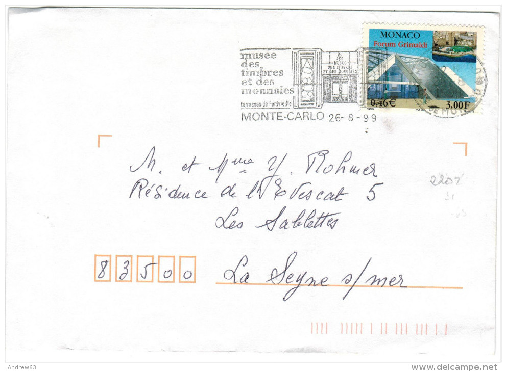 MONACO - 1999 - Forum Grimaldi - Flamme MUSEE DES TIMBRES ET DES MONNAIES - Viaggiata Da Monte-Carlo Per Les Sablette... - Covers & Documents