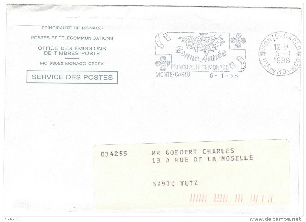 MONACO - 1998 - Franchise Service Des Postes - Flamme Bonne Année - Viaggiata Da Monte-Carlo Per Yutz, France - Briefe U. Dokumente