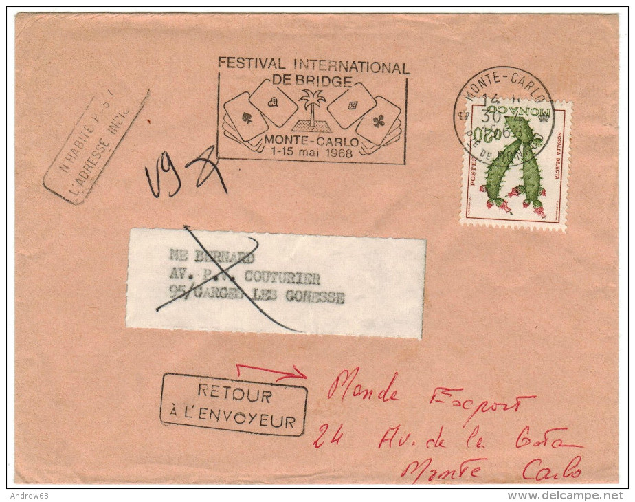 MONACO - 1968 - 0,20 - Cachet N'habite Pas A L'addresse + Retour à L´envoyeur - Flamme Festival International De Brid... - Lettres & Documents