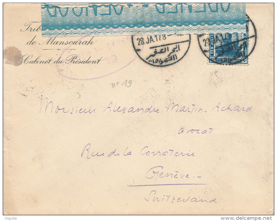 EGYPTE EGYPT WWI CENSORSHIP - Cover MANSOURA 1917 To Geneve - Alexandria Censor 19 Type 1  -- EB 018 - 1915-1921 Protectorat Britannique